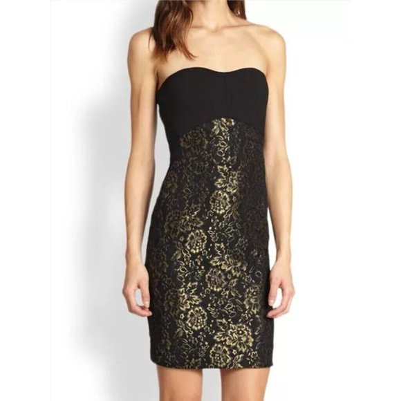 Diane Von Furstenberg DVF Garland Black Metallic Gold Lace Strapless Sz 10 60071 - Picture 1 of 16